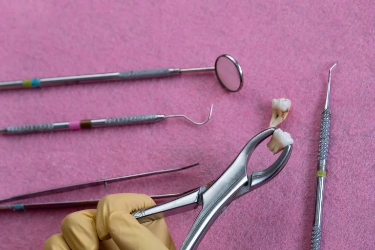 Closeup of a removed tooth with extraction forceps on the pink disposable field in the background